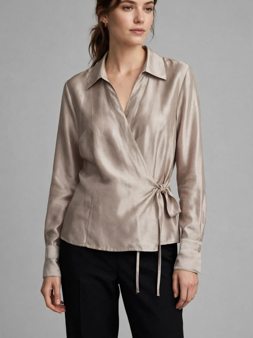 JM Collection Taupe Satin Wrap Blouse